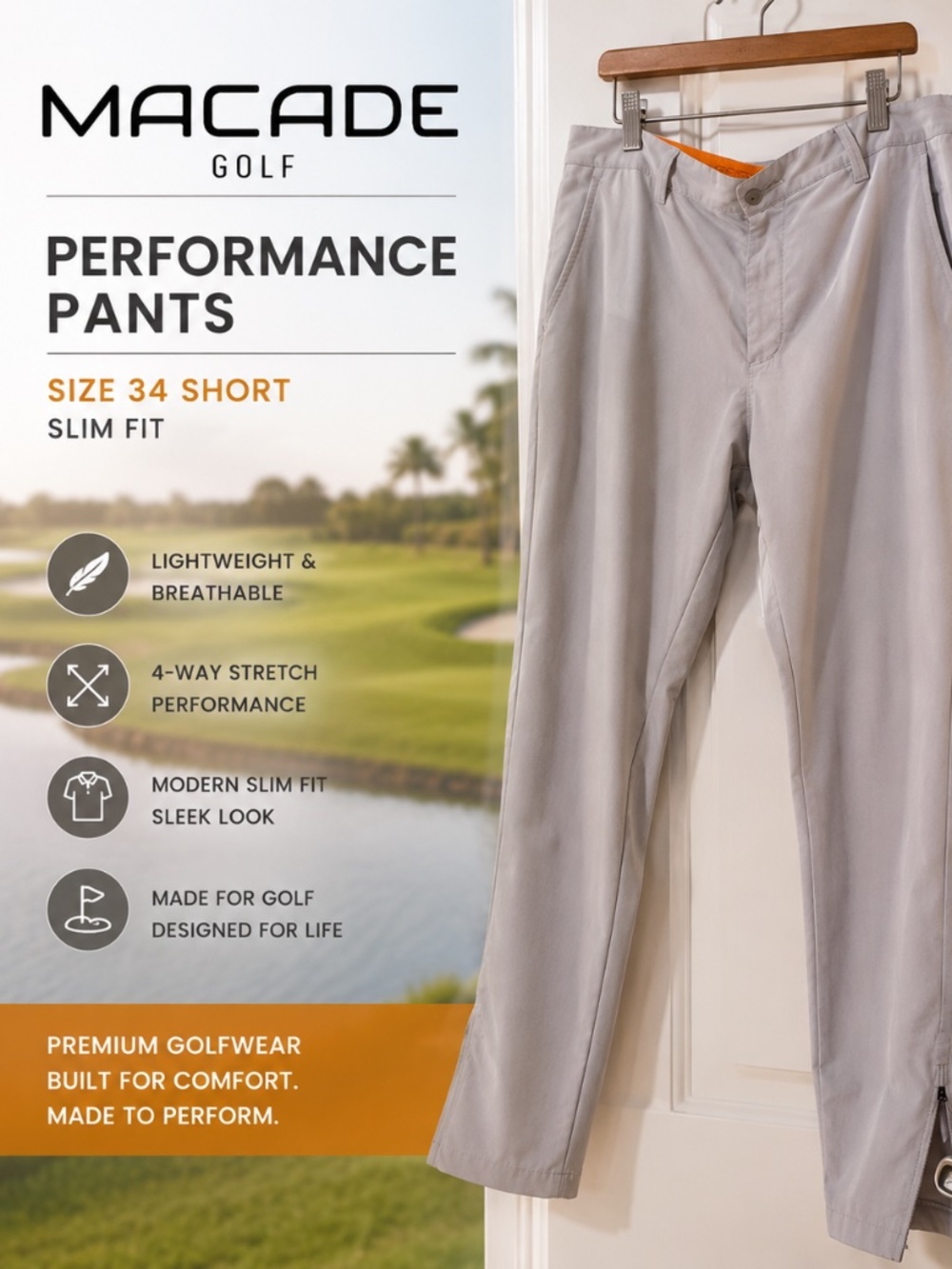 Macade Golf Performance Pants | Men’s 34 Short | Slim Fit | Luxury Golfwear